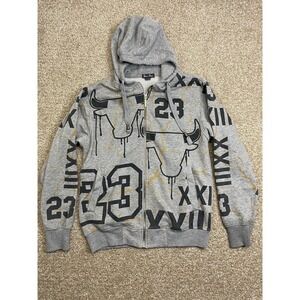 VTG Barefox Full Zip Hoodie Jacket Mens L Bulls #23 All Over Print Gray Y2K